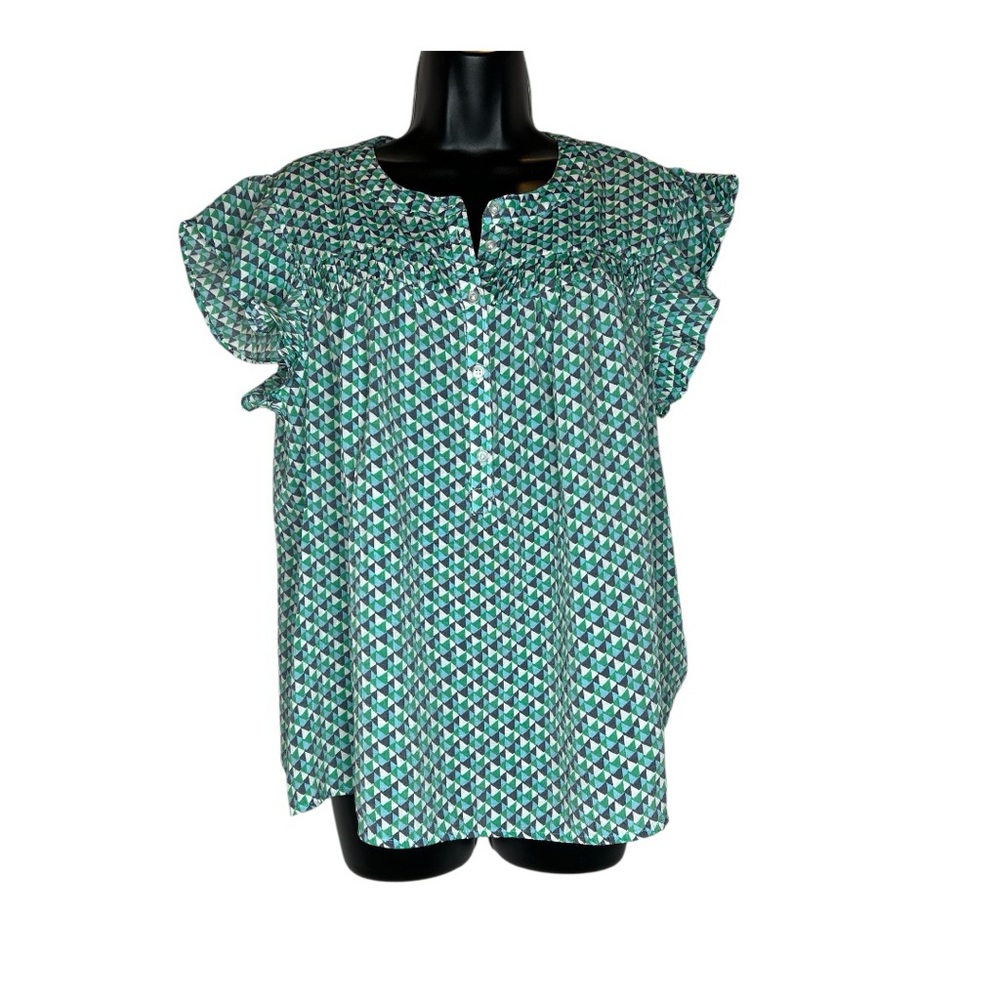 Zac & Rachel Green/Purple/White Flutter Short Sleeve Top- 1/4 Button Neckline